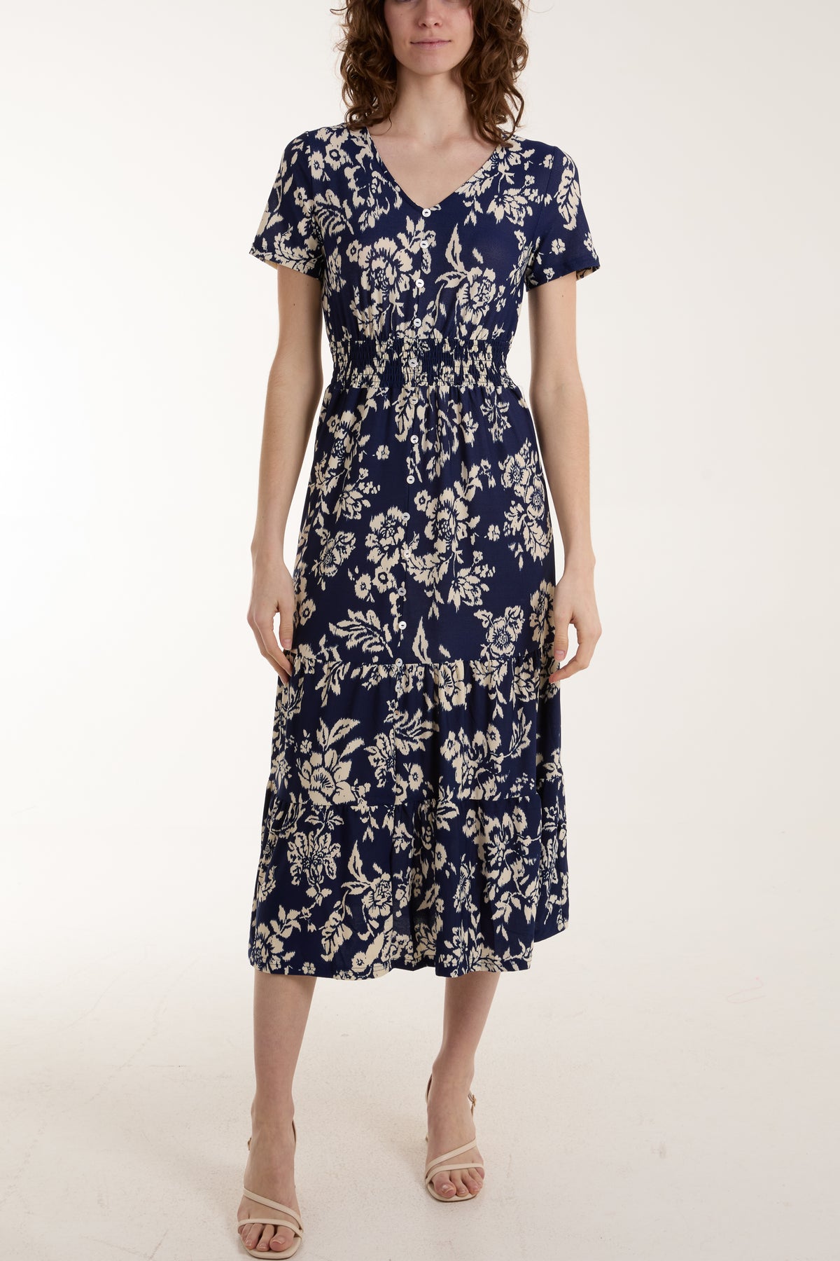 Floral V-Neck Shirred Stretch Midi Dress