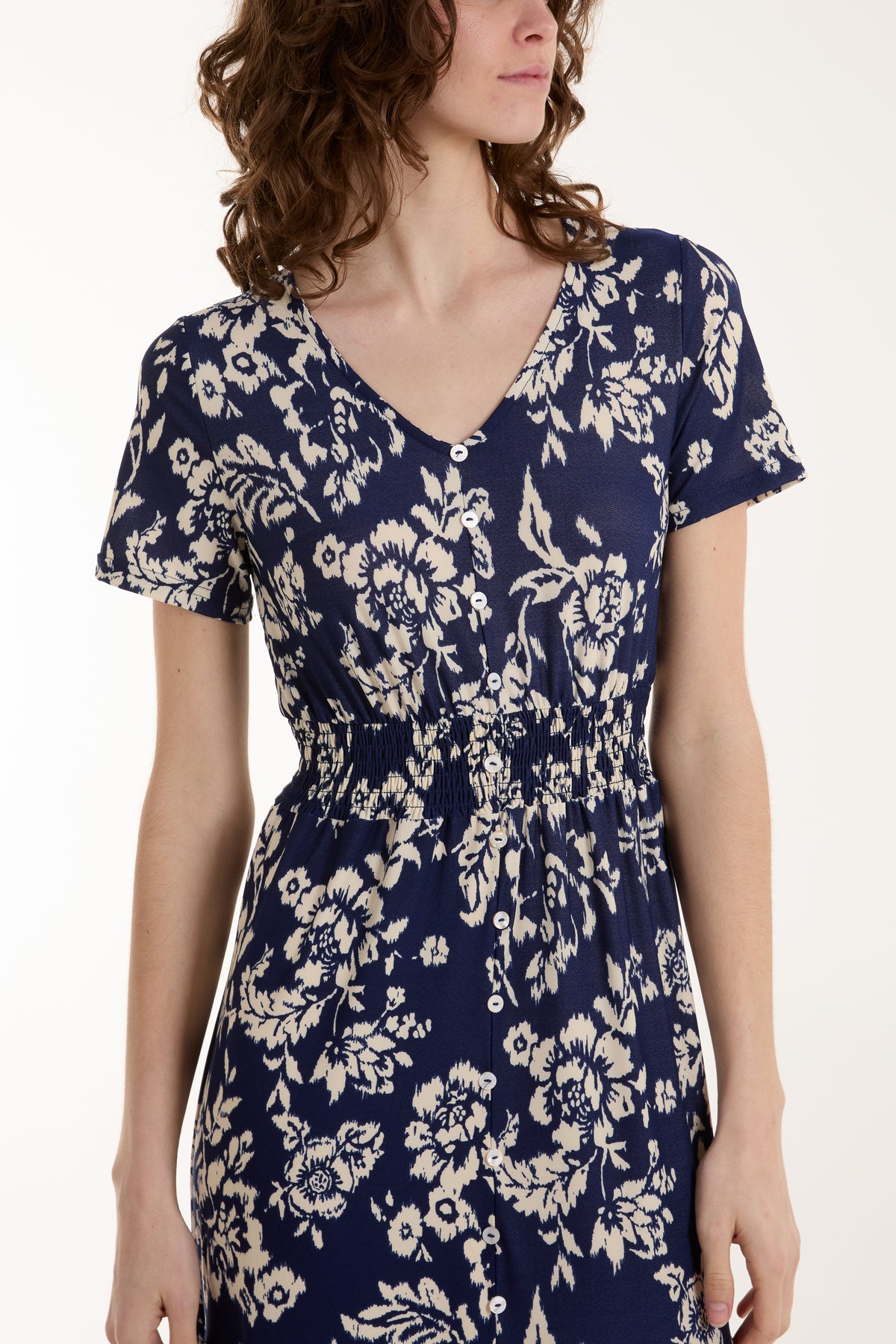 Floral V-Neck Shirred Stretch Midi Dress