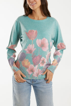 Diamante Bright Floral Patterned Jumper