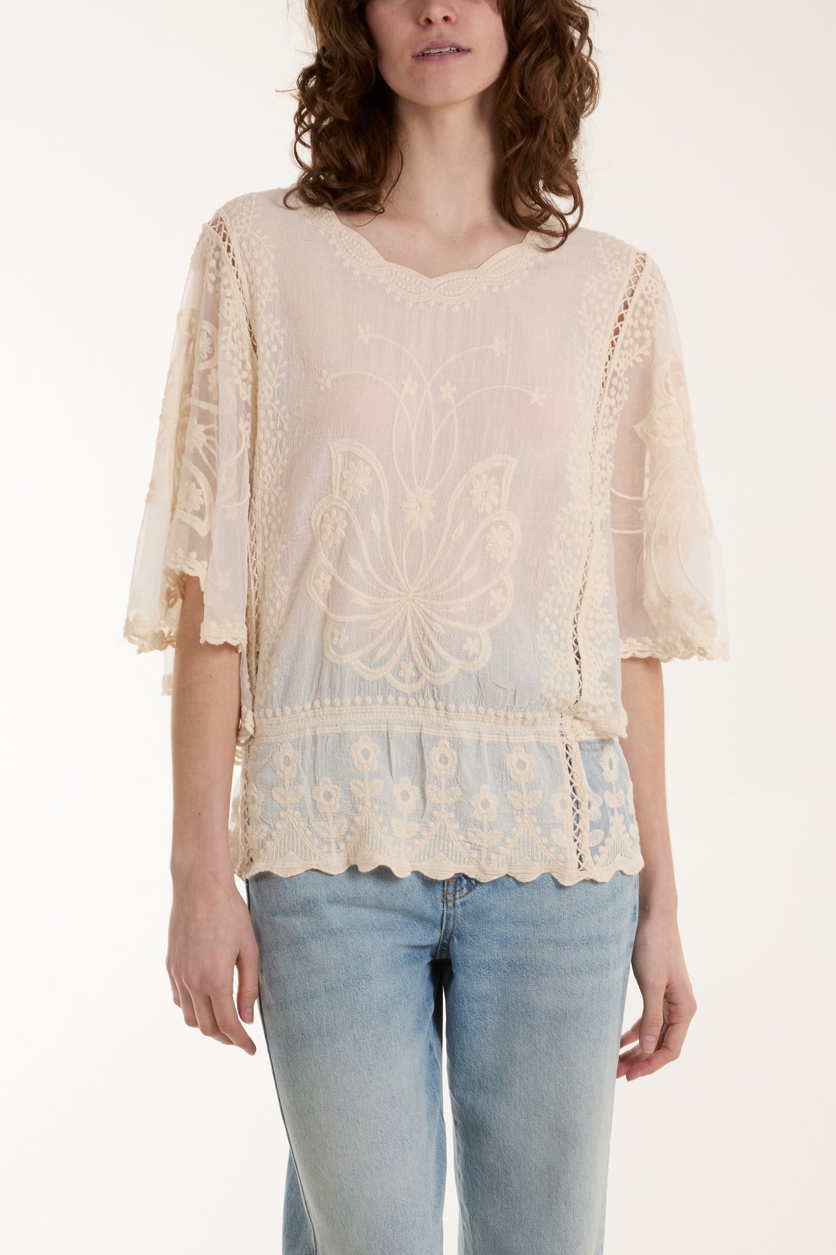 Stone Wash Lace Detail Top