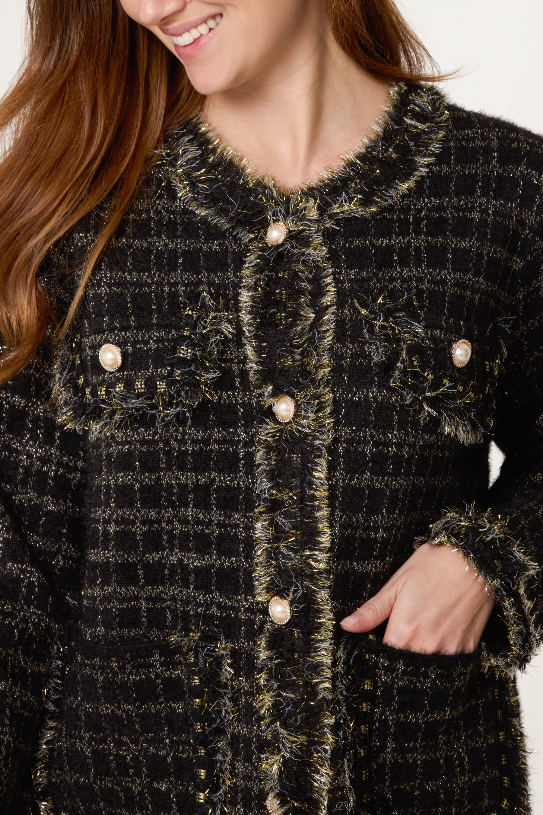 Fluffy Sparkle Knit Pearl Pocket Cardigan