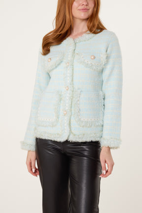 Pearl Button Check Knit Cardigan