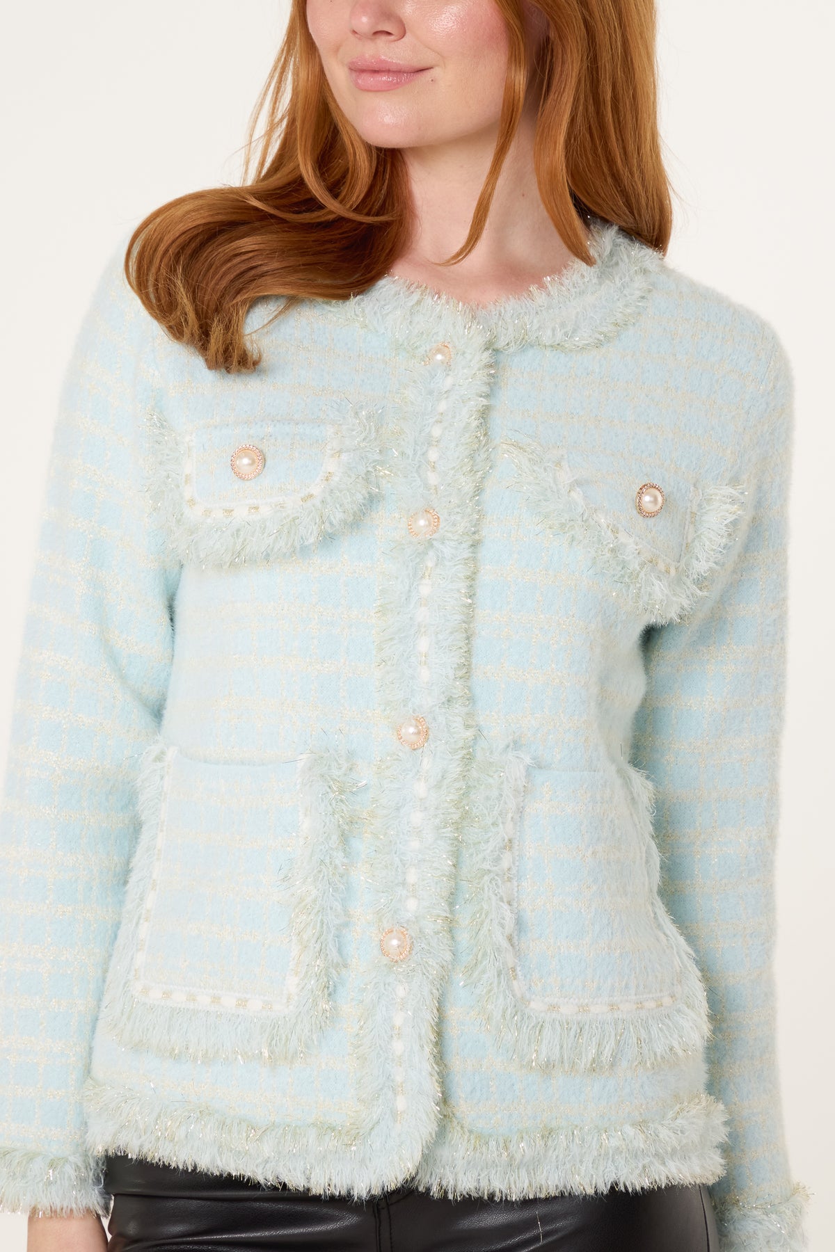 Pearl Button Check Knit Cardigan