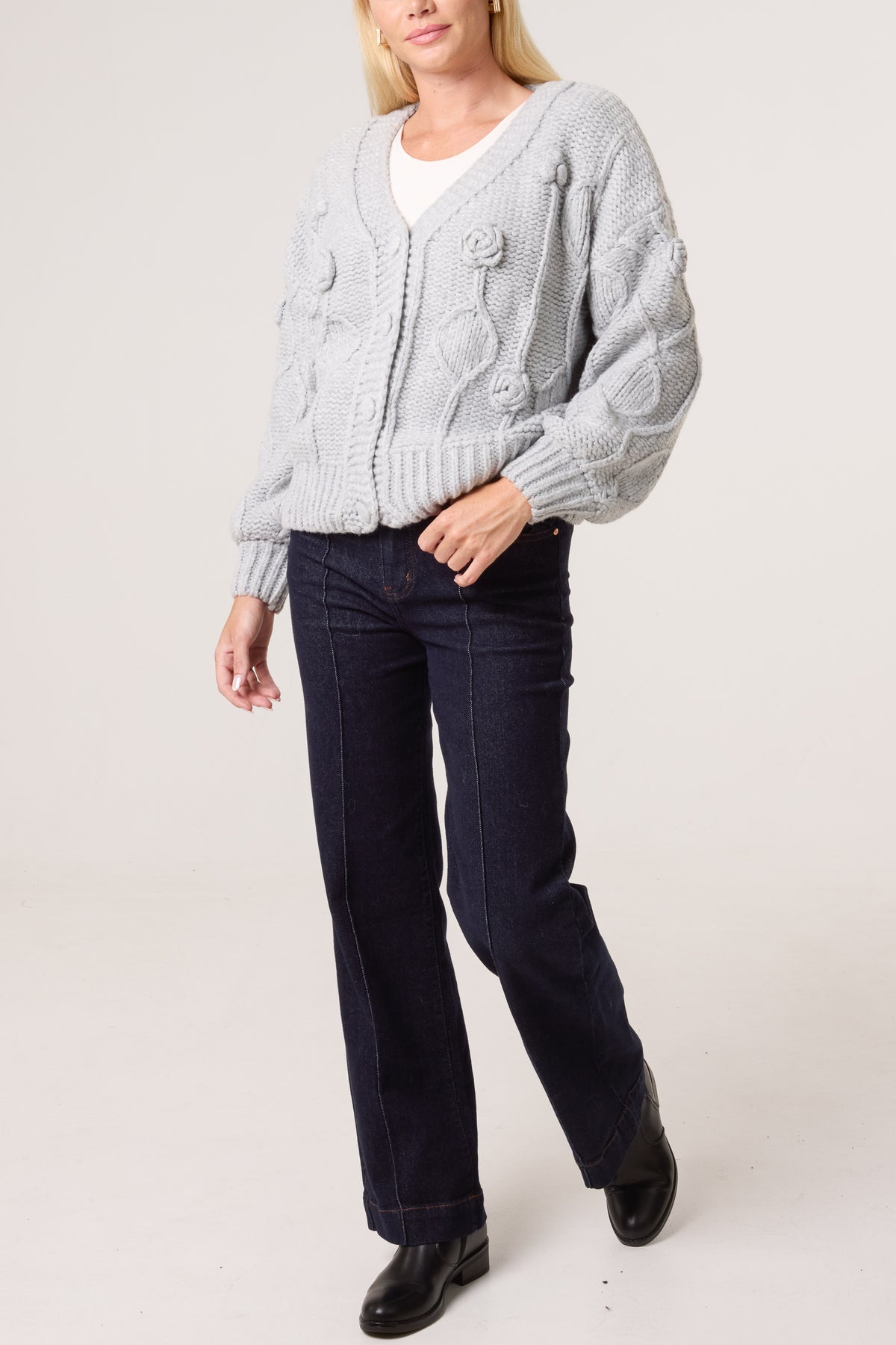 Cable Knit Flower Button Up Cardigan