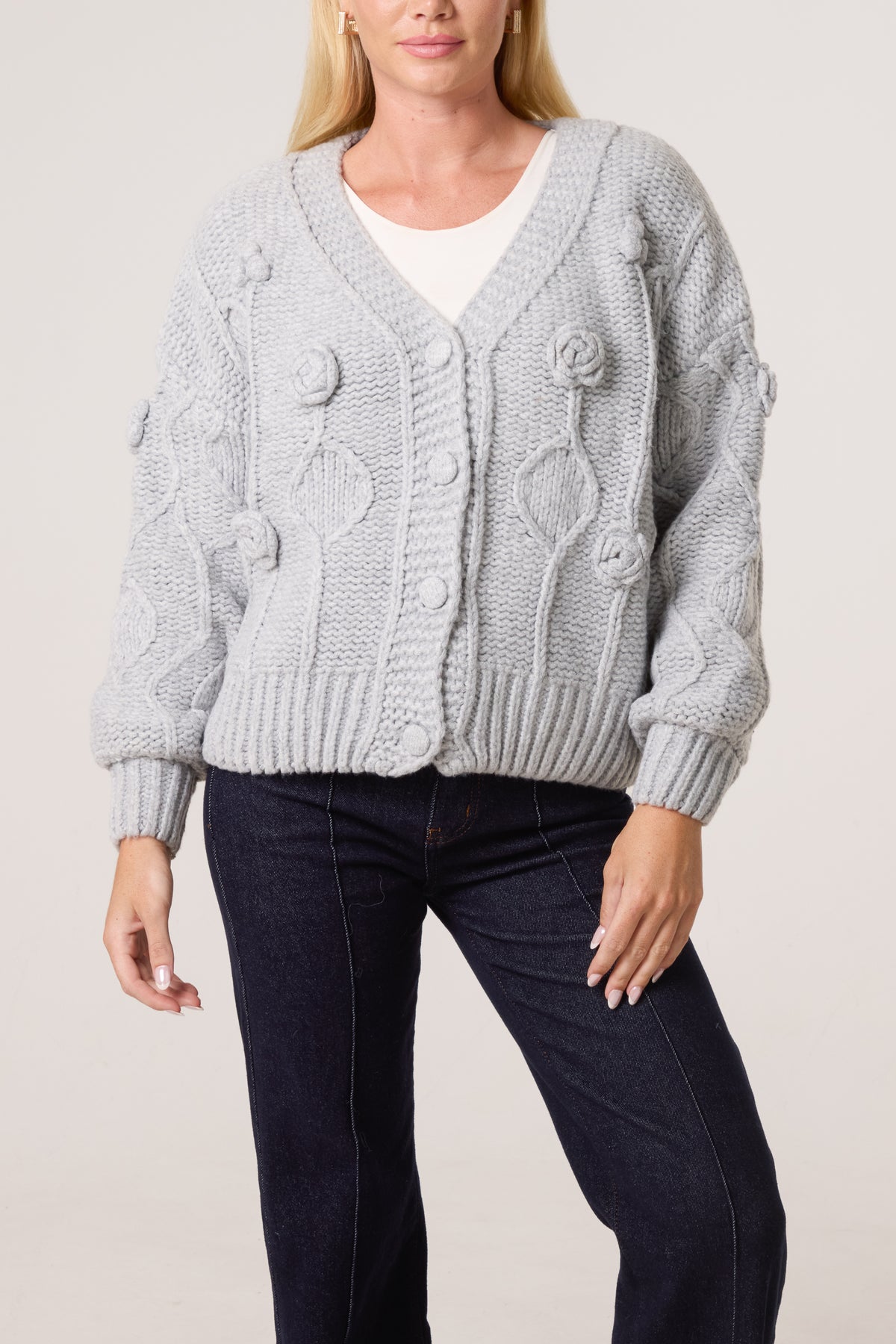 Cable Knit Flower Button Up Cardigan