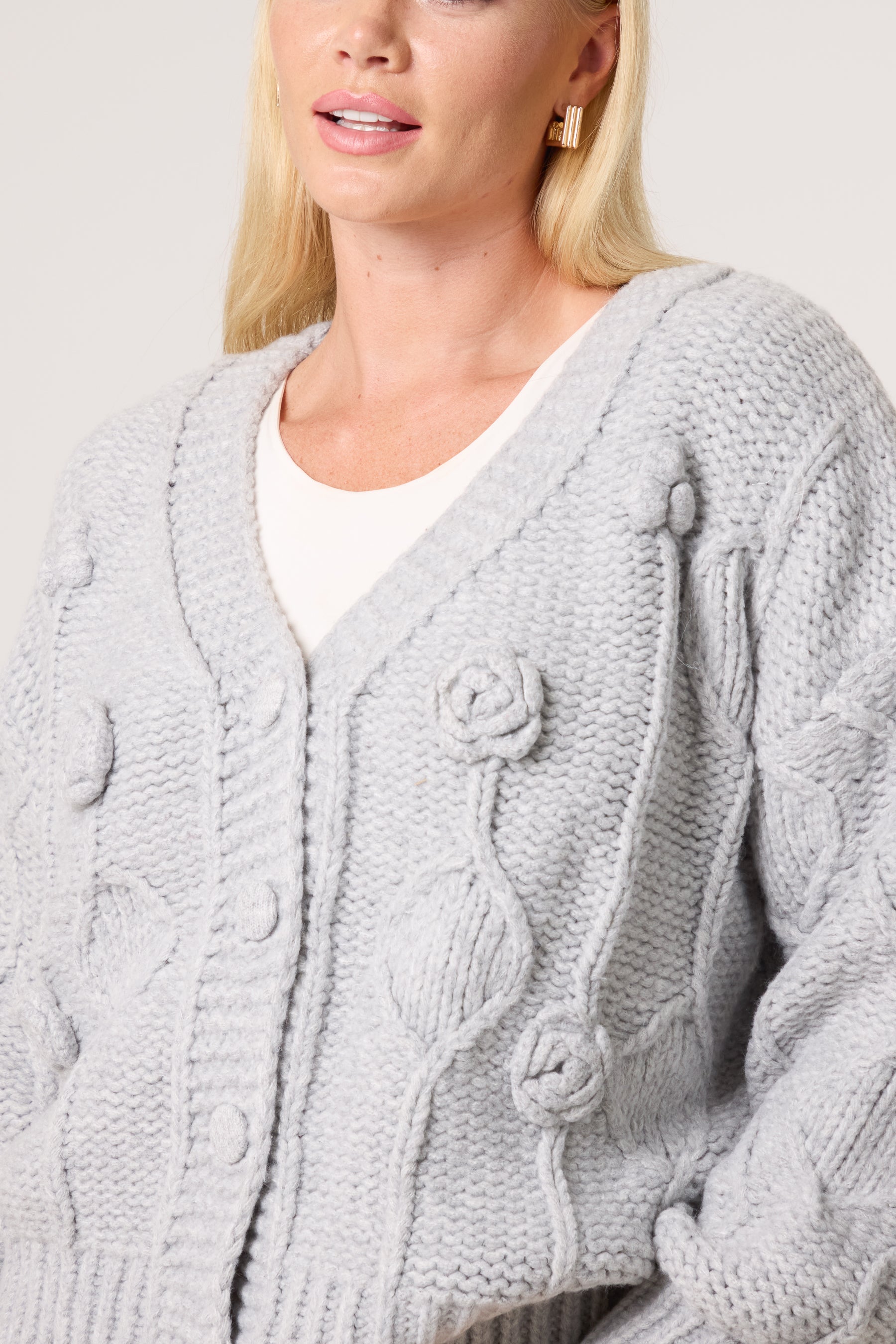Cable Knit Flower Button Up Cardigan