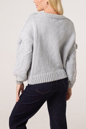 Cable Knit Flower Button Up Cardigan