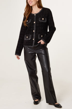 Pearl Button Check Knit Pocket Cardigan