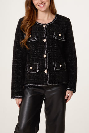 Pearl Button Check Knit Pocket Cardigan