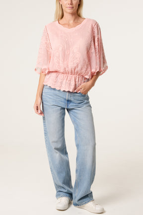 Floral Lace Butterfly Sleeve Blouse