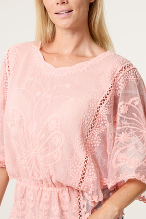 Floral Lace Butterfly Sleeve Blouse