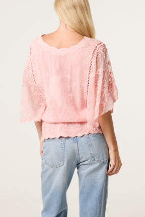 Floral Lace Butterfly Sleeve Blouse