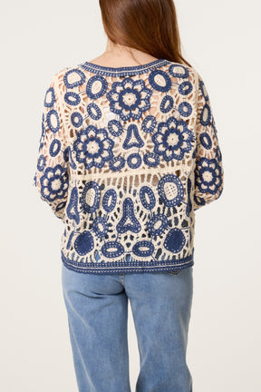 Crochet Floral Button-Up Cardigan