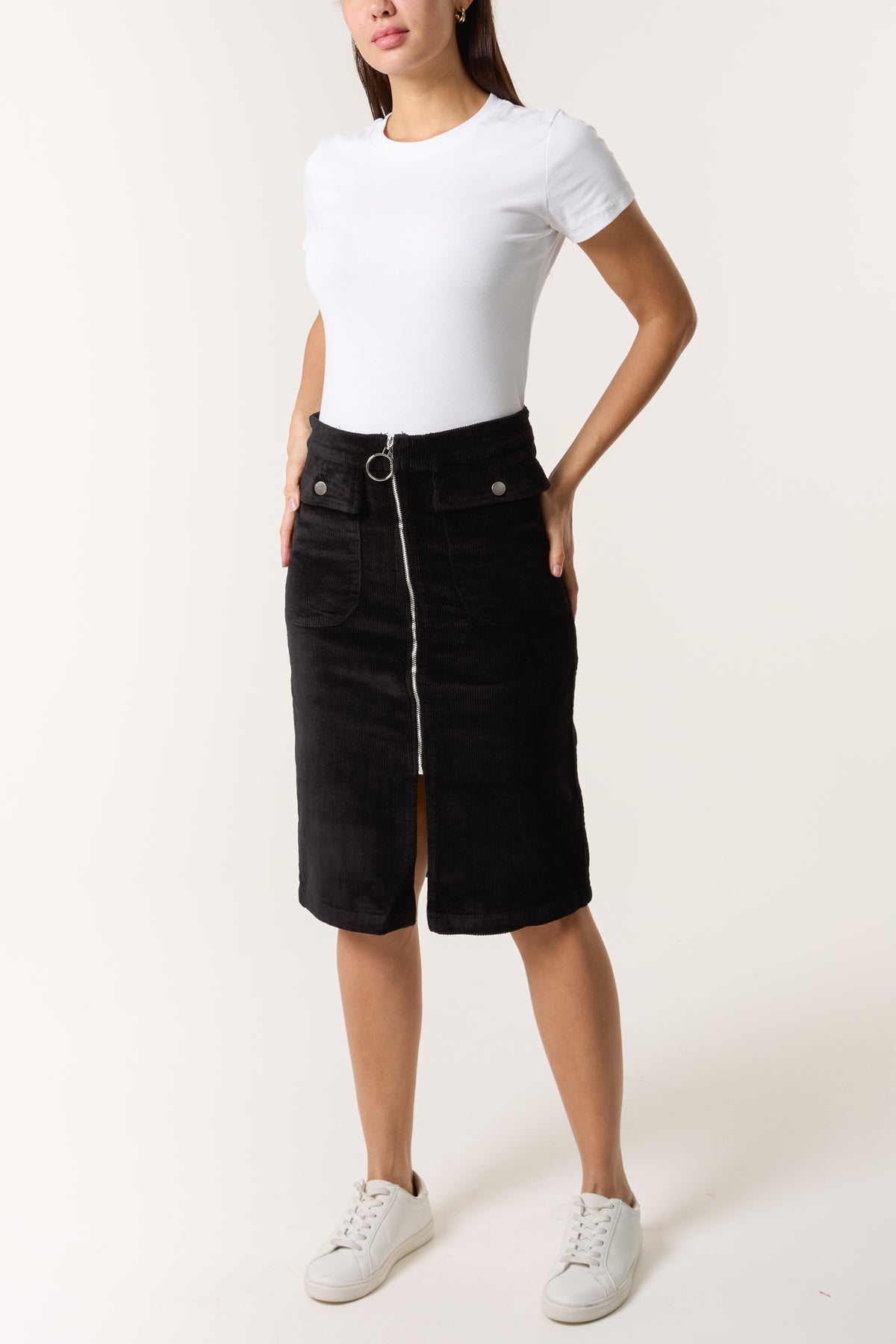 Corduroy Zip Through Midi Skirt