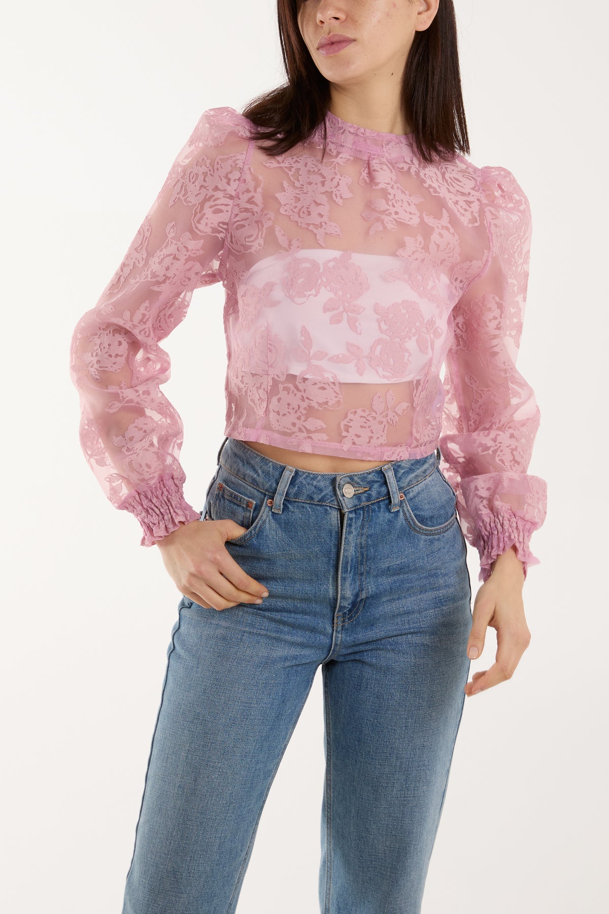 Zip Through Floral Mesh Blouse