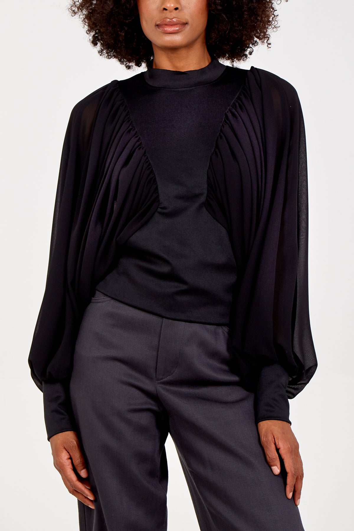 Pleated Sleeve Batwing Blouse