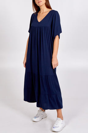 Tiered Bottom V-Neck Midi Dress