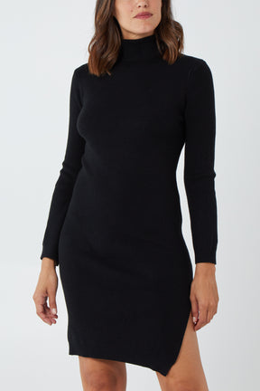 Roll Neck Ribbed Dress With Side Split