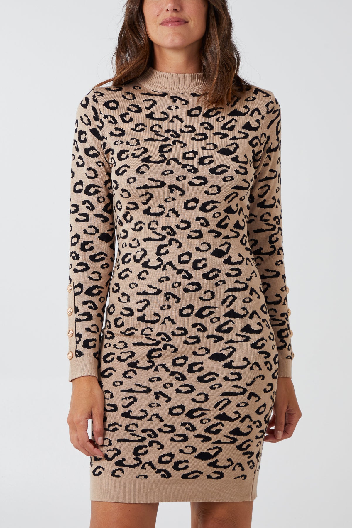 Button Sleeve Leopard Knit Dress