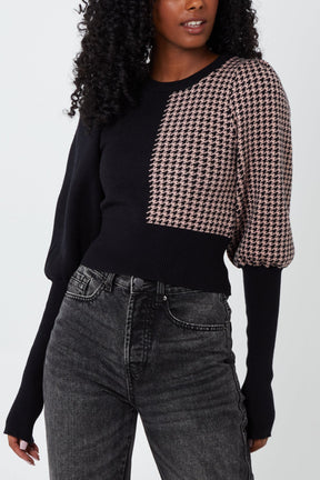 Volume Sleeve Half Houndstooth Jumper