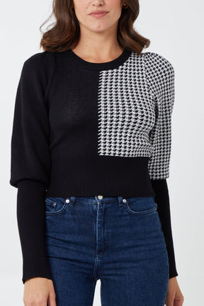 Volume Sleeve Half Houndstooth Jumper