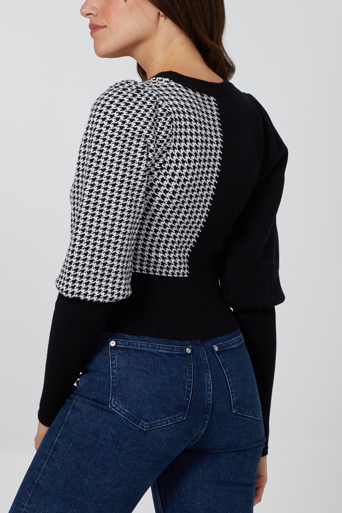 Volume Sleeve Half Houndstooth Jumper