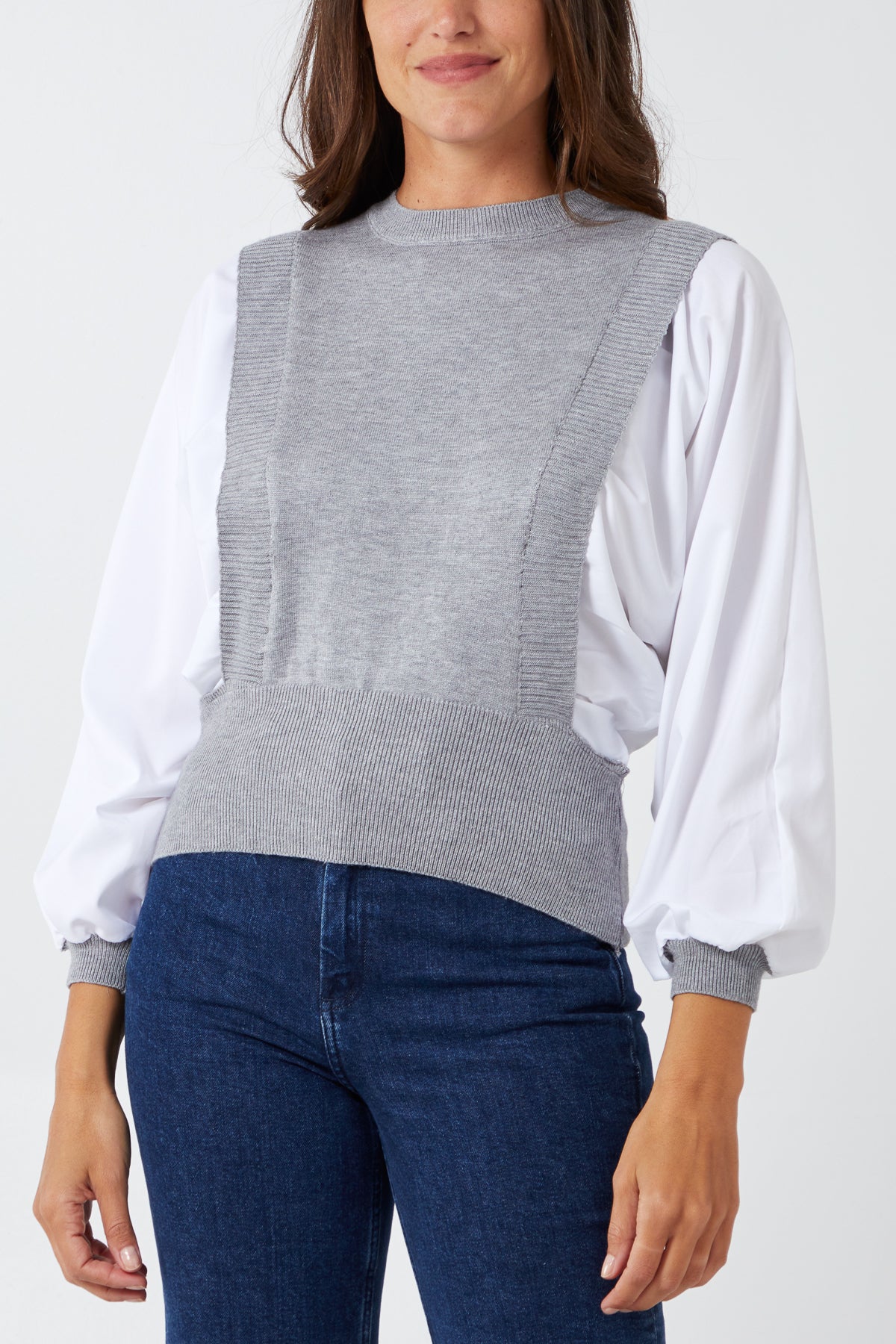 High Neck Panelled Jumper With Shirt Batwing Sleeves