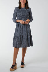 Ditsy Leaf Ruched Top Smock Dress