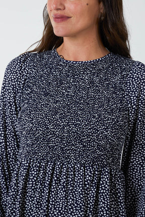 Ditsy Leaf Ruched Top Smock Dress