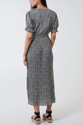 Frill Sleeve Ditsy Pleated Dress