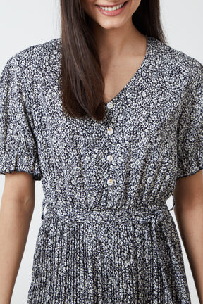 Frill Sleeve Ditsy Pleated Dress