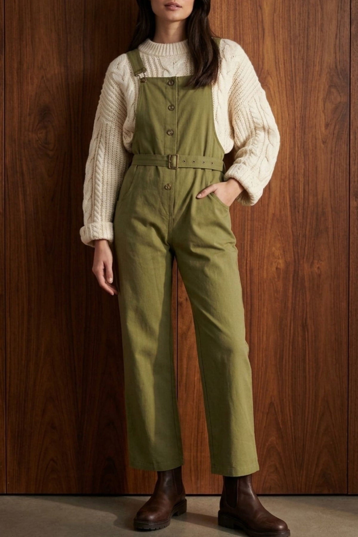 Button Front Two Pocket Belted Dungarees