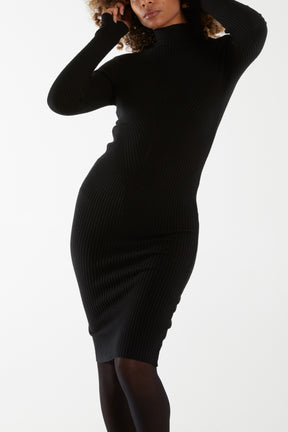 Ribbed Pattern High Neck Bodycon Dress