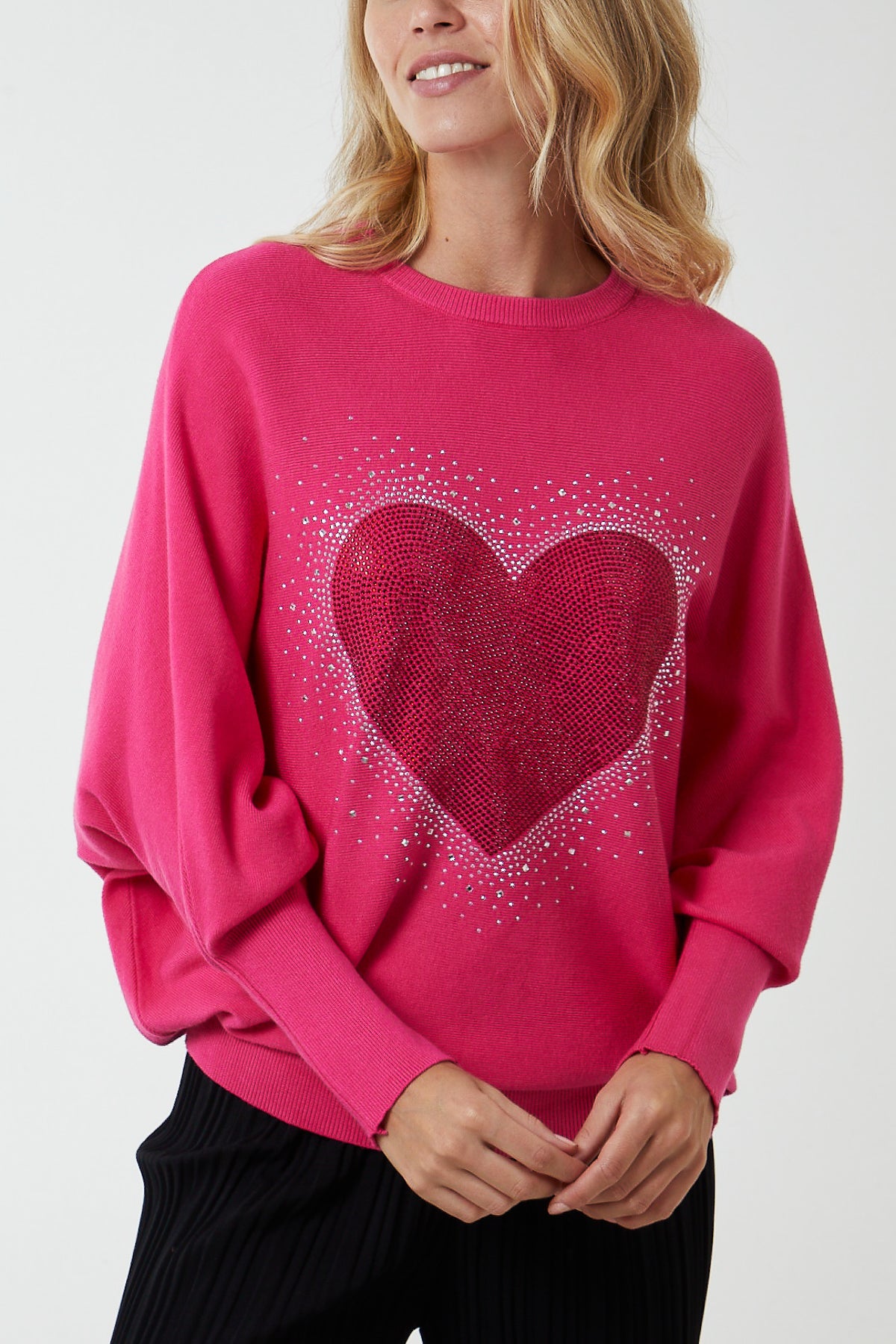 Diamante Heart Batwing Rib Jumper