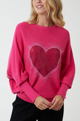 Diamante Heart Batwing Rib Jumper