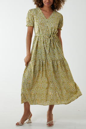 Belted Ditsy Metallic Gold Floral Maxi Dress