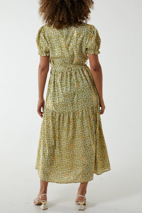 Belted Ditsy Metallic Gold Floral Maxi Dress