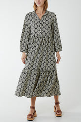 Collared Geometric Abstract Maxi Dress