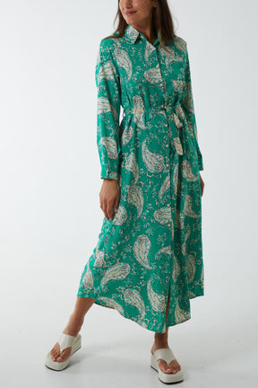 Paisley Print Belted Maxi Dress