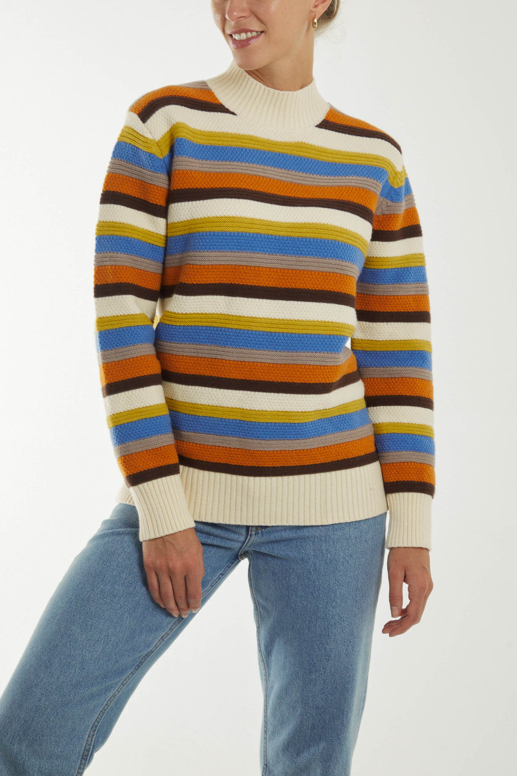 High Neck Bright Stripe Cream Jumper