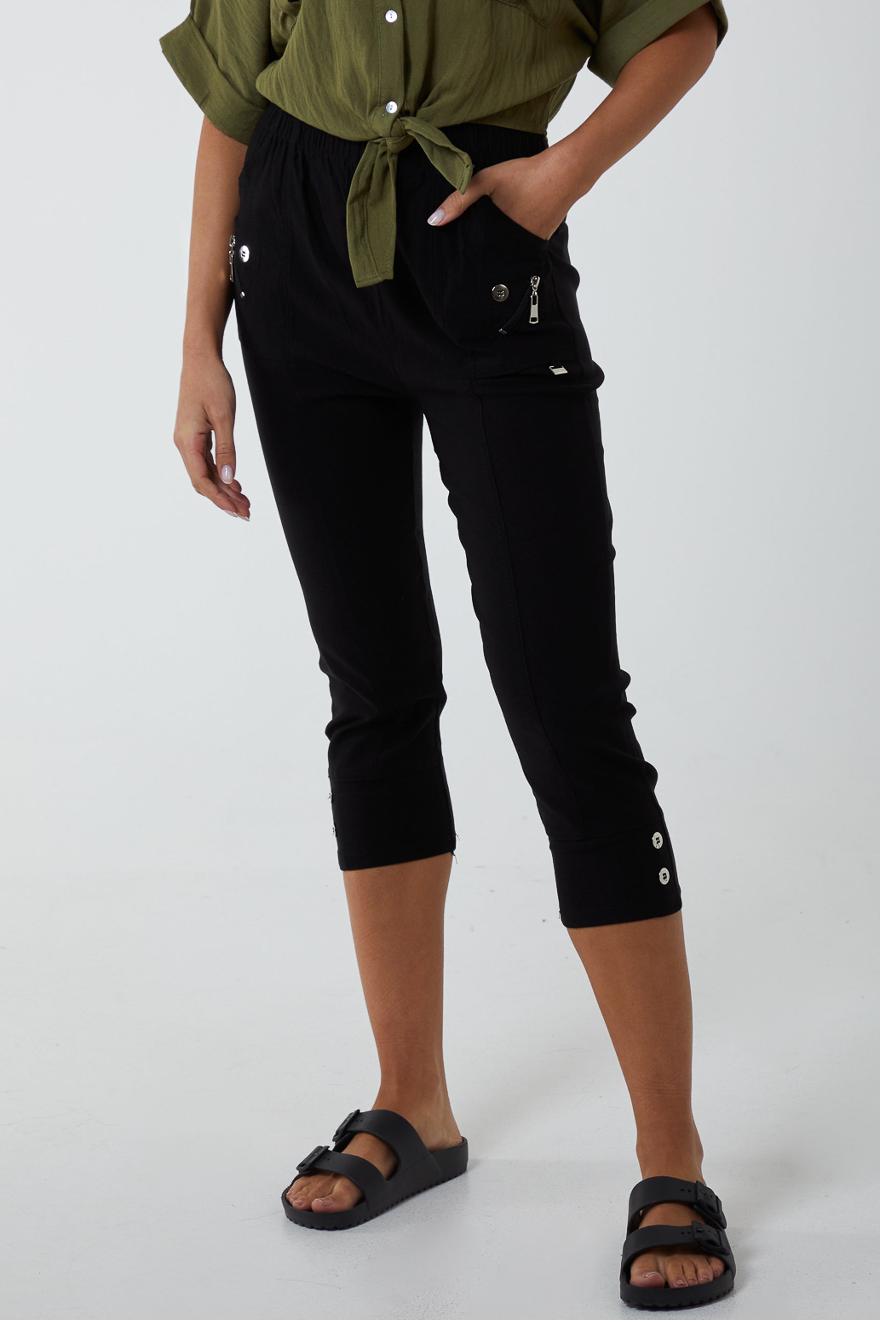 Elasticated Waist Zip Detail Crop Trouser