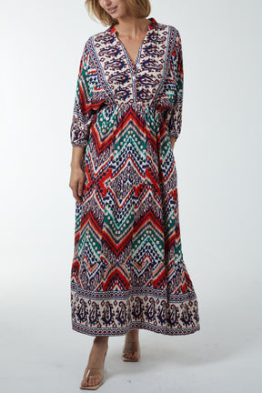 Aztec V-Neck Tiered Maxi Dress