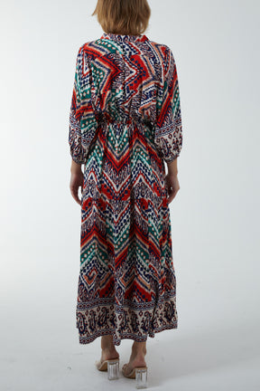 Aztec V-Neck Tiered Maxi Dress