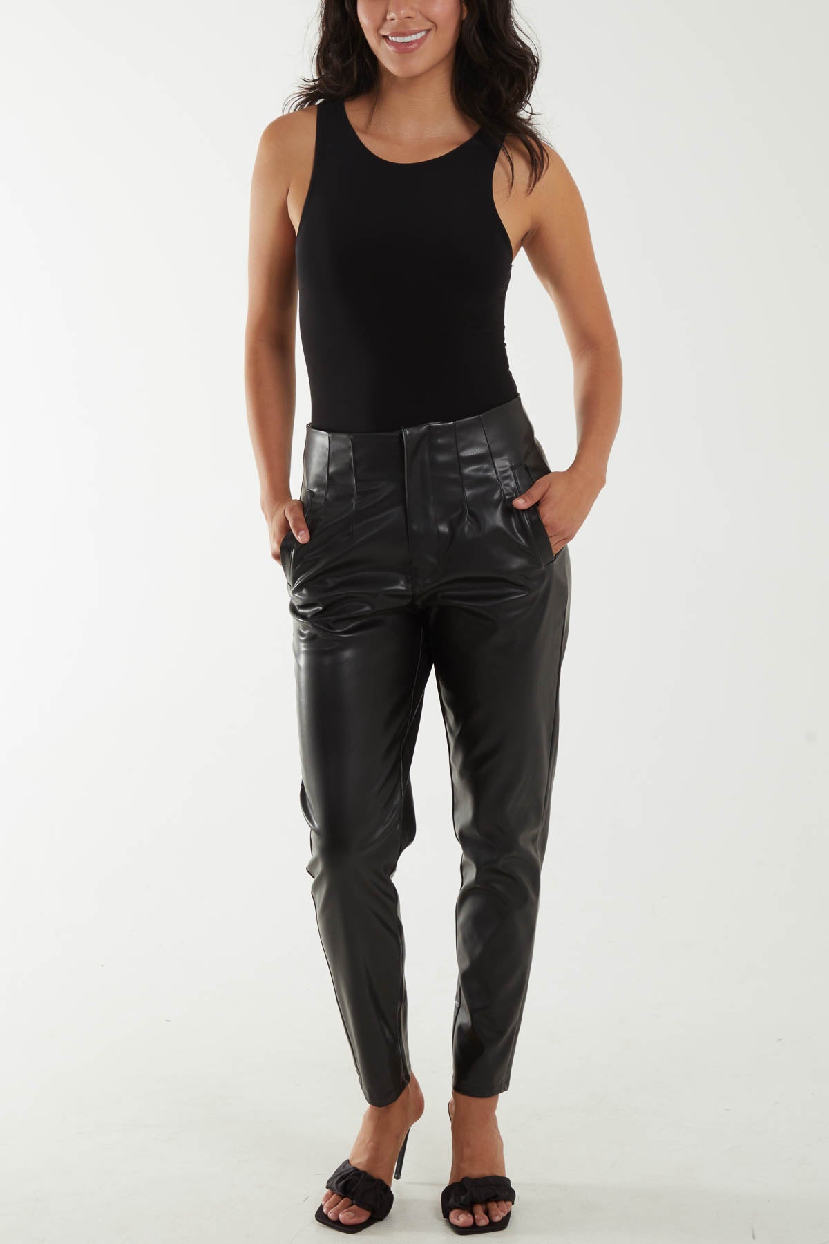 ASOS DESIGN Petite + 90’s straight leg leather look trouser in black