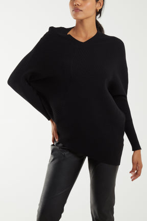 Ribbed V-Neck Batwing Sleeve Jumper