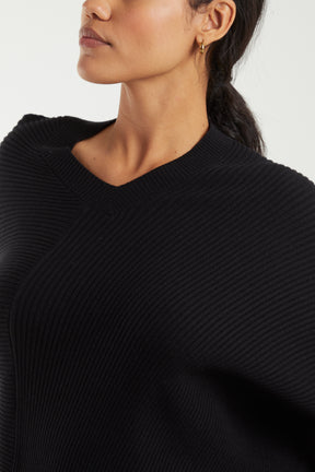 Ribbed V-Neck Batwing Sleeve Jumper