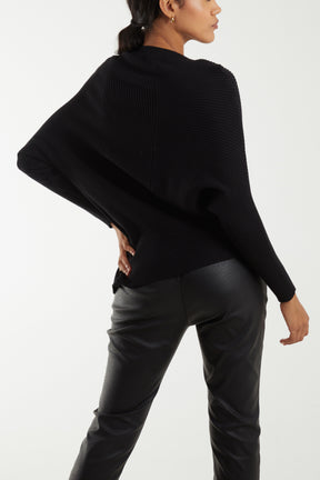 Ribbed V-Neck Batwing Sleeve Jumper