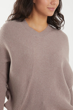 Ribbed V-Neck Batwing Sleeve Jumper