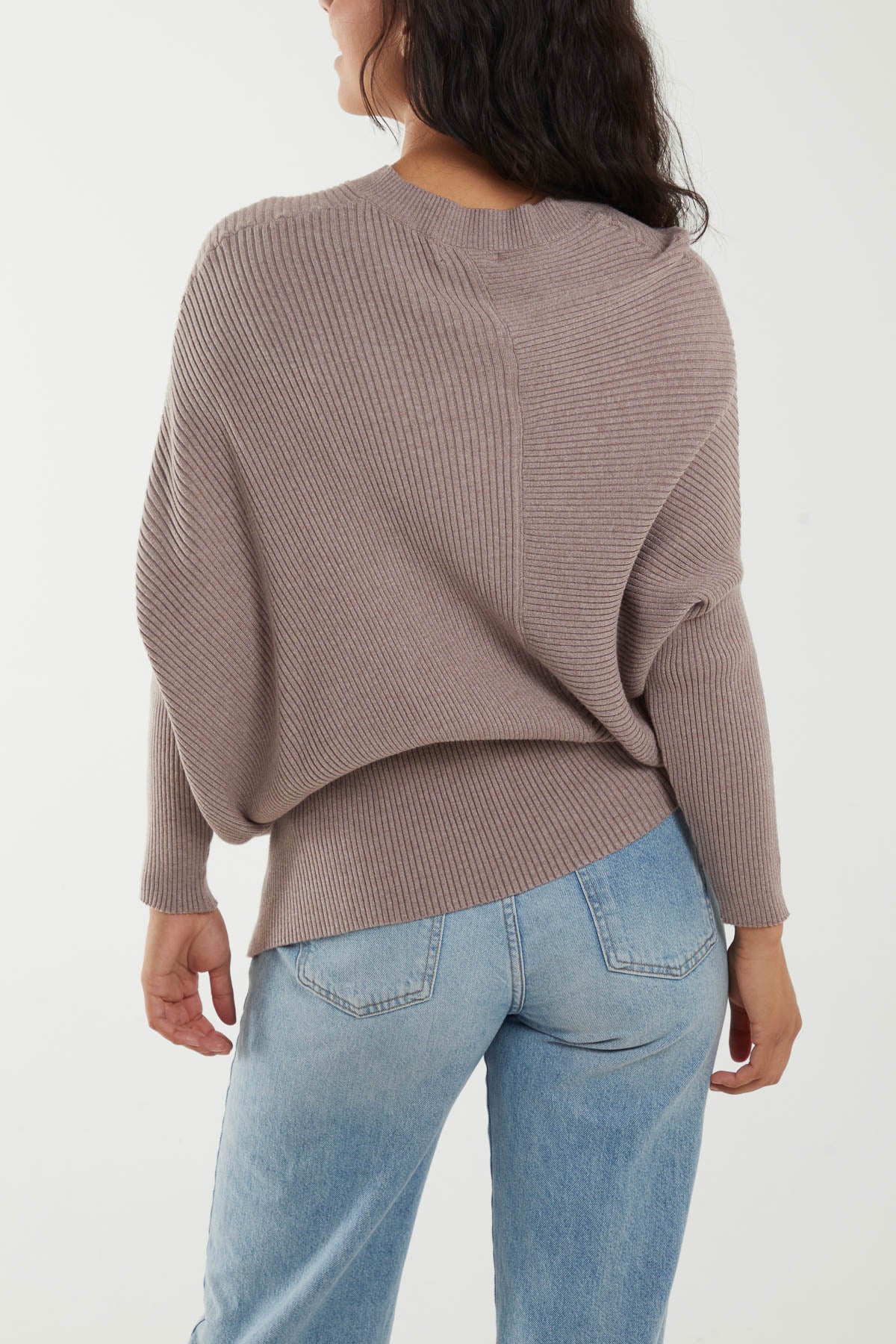 Ribbed V-Neck Batwing Sleeve Jumper