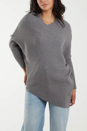 Ribbed V-Neck Batwing Sleeve Jumper